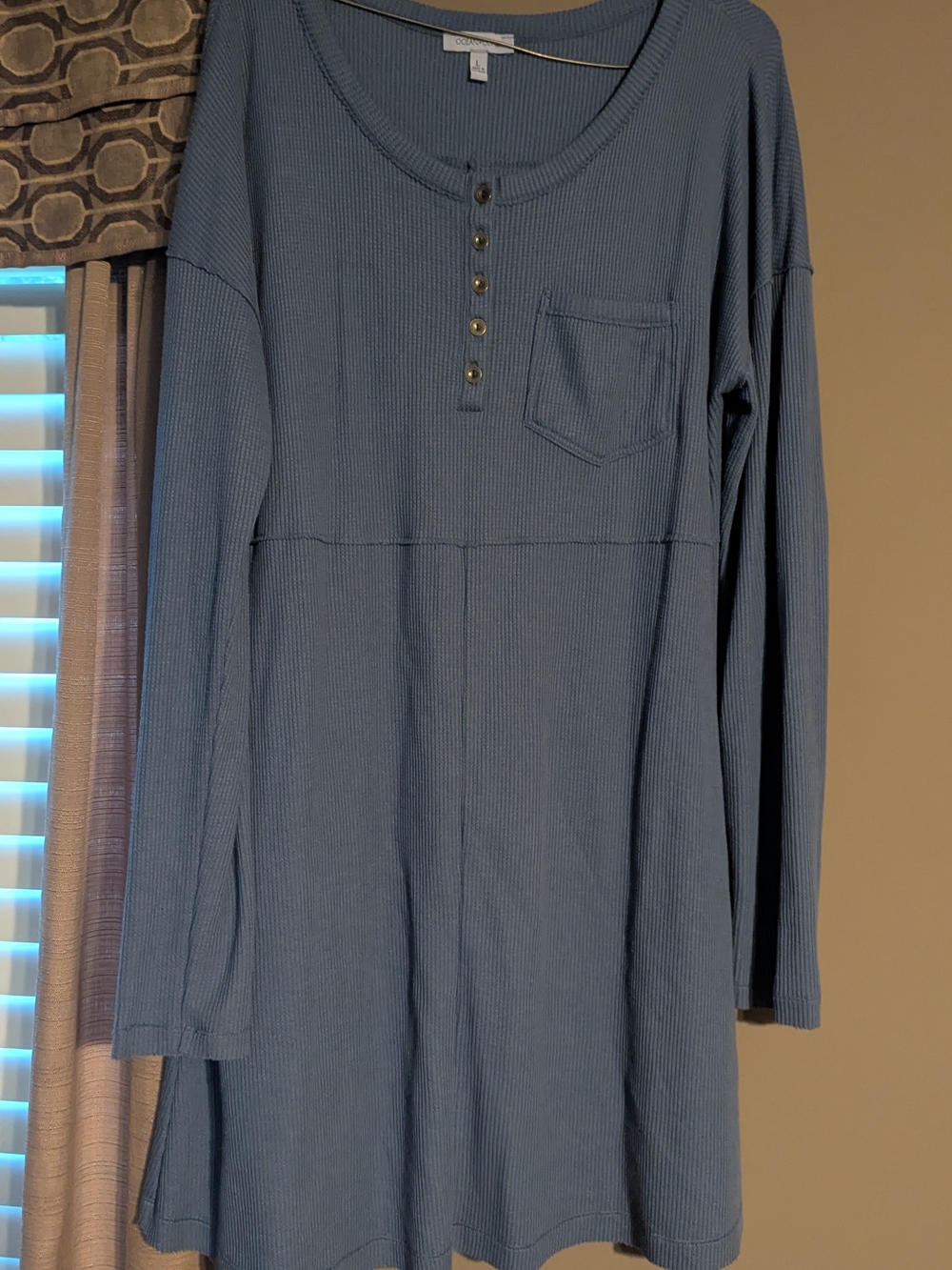 Long Sleeve Ribbed Henley Dress - Blue